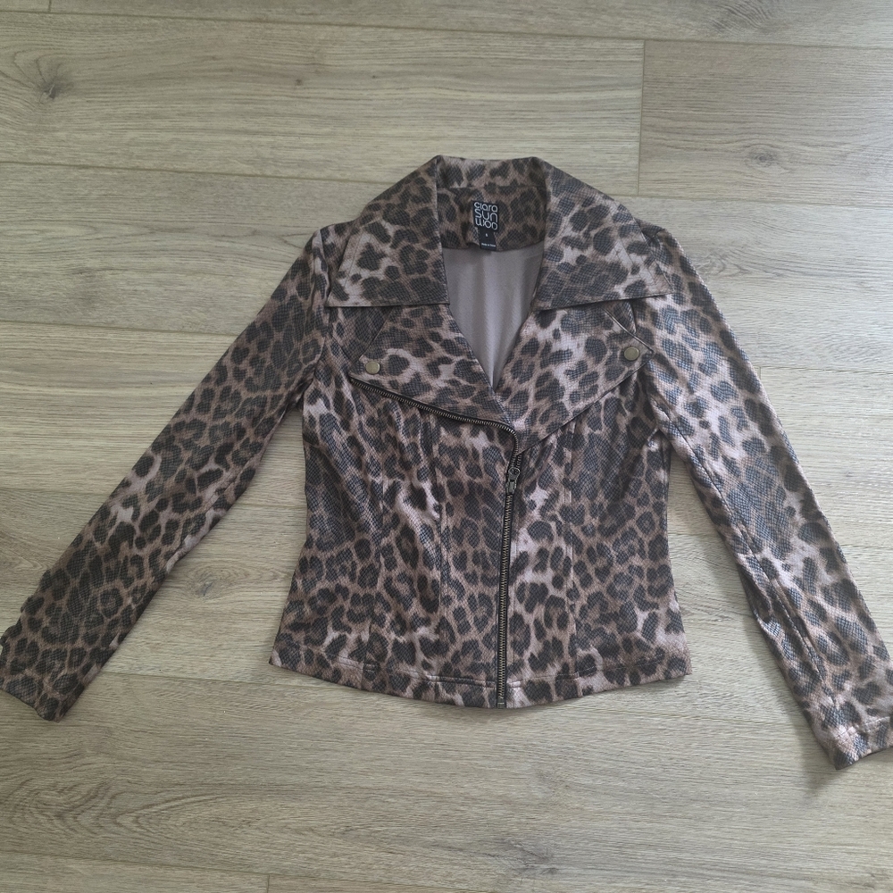 NEW Clara Sun Woo Liquid Leather Jacket Size Small Leopard Animal Print Moto Zip